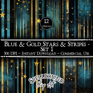 Blaue und goldene Sterne und Streifen nahtlose digitale Papiere, kommerzielle Nutzung, sofortiger Download, Distressed, dunkles Muster