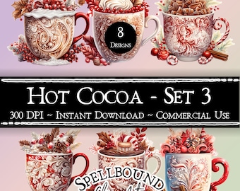 Hot Cocoa Digital Clipart, Commercial Use, Instant Download, Christmas Clip Art, Hot Chocolate, Holiday Clipart, PNG, Mug of Hot Cocoa