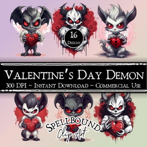 Valentine&#39;s Day Demon Digital Clipart, Commercial Use, Instant Download, Gothic Valentine&#39;s Day, PNG, Goth Clipart, Monster Clipart