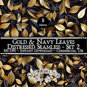 Distressed Gold en Navy Leaves Naadloze Digitale Papers, Commercieel Gebruik, Instant Download, Natuur Clipart
