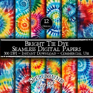 Bright Tie Dye Seamless Digital Papers, Commercial Use, Instant Download, Tie Dye Clipart, Rainbow Clip Art, Seamless Pattern