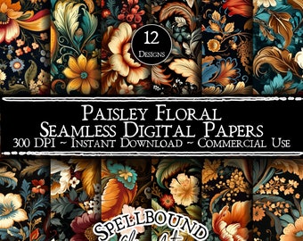Paisley Floral Seamless Digital Papers, Uso Comercial, Descarga Instantánea, Paisley Tono Tierra, Patrón Paisley Sin Costuras, Paisley Brillante