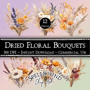Clipart digital de buquês de flores secas, uso comercial, download instantâneo, clipart de flores secas, PNG, flores em conserva, clipart de primavera