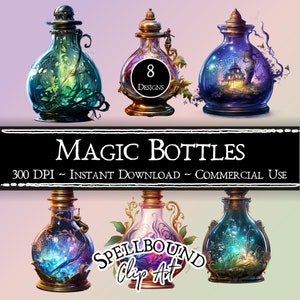Magic Potion Bottles Digital Clipart, Commercial Use, Instant Download, Witch Clipart, Witchcraft, PNG, Vintage Bottles, Antique Bottles