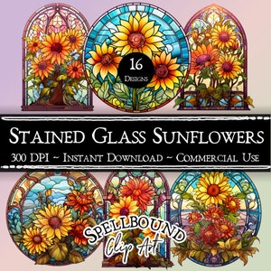 Stained Glass Sunflowers Digital Clipart, Commercial Use, Instant Download, Stained Glass Window Clipart, Floral Clip Art, PNG