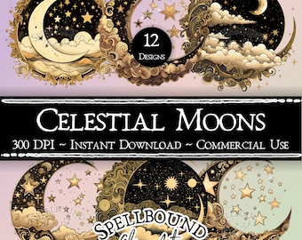 Celestial Moons Digital Clipart, Commercial Use, Instant Download, Planetary Clip Art, PNG, Moon Clipart, Mystical Clipart