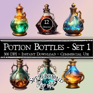 Potion Bottles Digital Clipart, Commercial Use, Instant Download, Witch Clipart, Witchcraft, PNG, Vintage Bottles, Antique Bottles, Magic