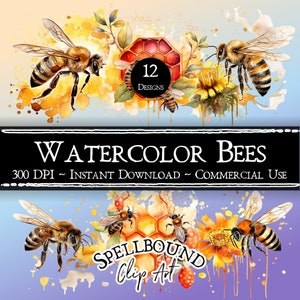 Watercolor Bees Digital Clipart, Commercial Use, Instant Download, Bee Clip Art, PNG, Honey Bee Clip Art, Nature Clipart