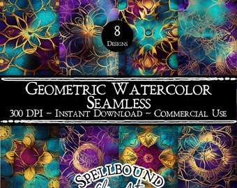 Geometric Watercolor Seamless Digital Papers, Commercial Use, Instant Download, Mandala, Flowers