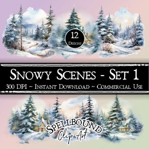 Clipart digitale di scene innevate, uso commerciale, download istantaneo, clipart di Natale, clipart invernale, clipart naturalistica, PNG, alberi di pino