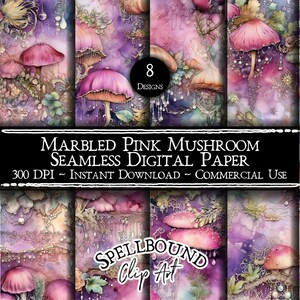 Papéis digitais sem costura de cogumelo rosa marmorizado, uso comercial, download instantâneo, clipart de flores, clipart de cogumelo, coisas efêmeras digitais