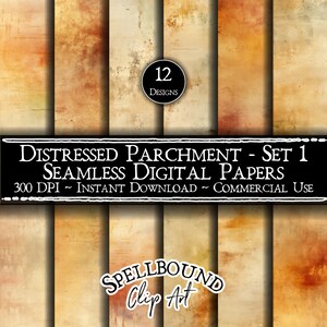 May include: A set of 12 distressed parchment digital papers, perfect for adding a vintage touch to your designs. The papers are seamless and feature a variety of textures and colors. 300 DPI - Instant Download - Commercial Use. Spellbound Clip Art.