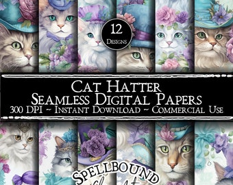 Cats in Hats Seamless Digital Papers, Commercial Use, Instant Download, Flower Clipart, Cat Clipart, Mad Hatter, Flower Pattern