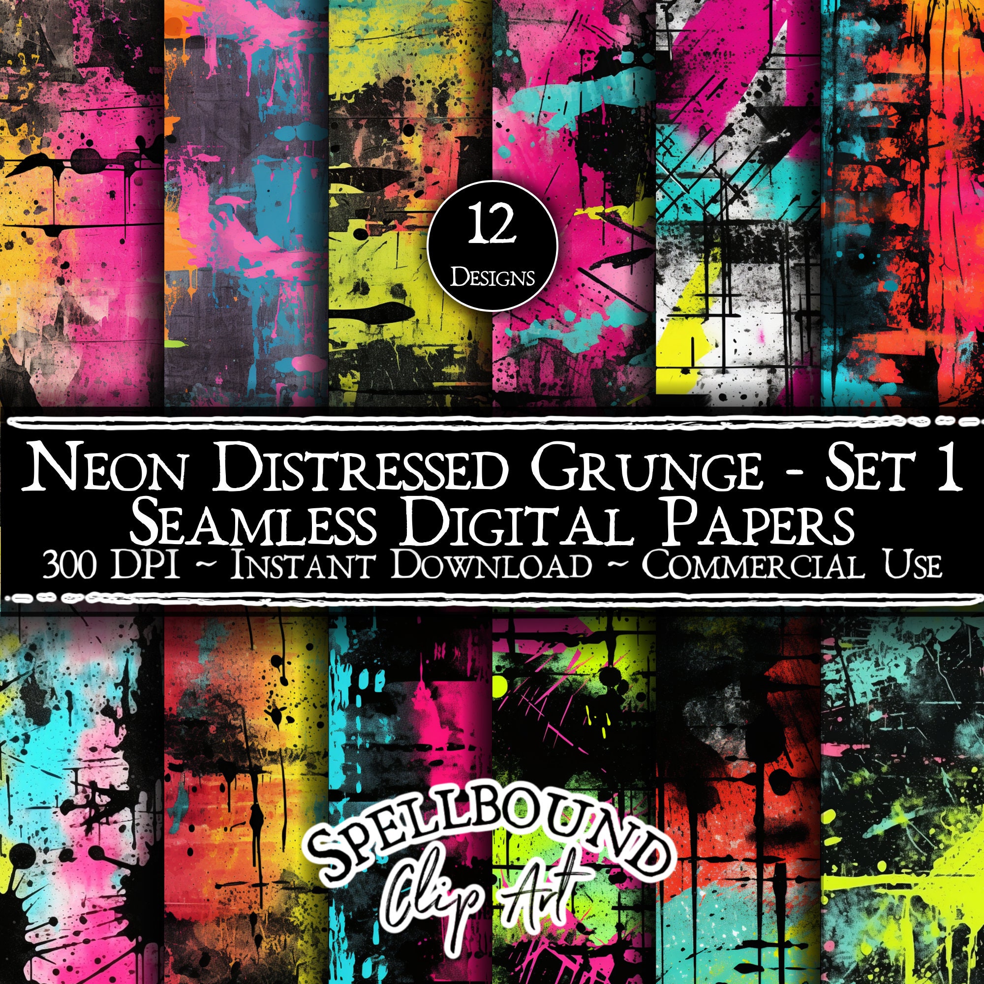 Neon Distressed Grunge Seamless Digital Papers, Commercial Use, Instant Download, Digital Clipart, Paper Texture, Parchment Paper