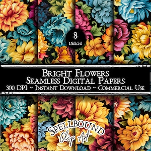Bright Colorful Flower Seamless Digital Papers, Commercial Use, Instant Download, Flower Clipart, Floral Texture