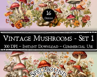 Vintage Mushroom Digital Clipart, Commercial Use, Instant Download, Mushroom Clip Art, PNG, Retro Mushroom Clipart, Nature Clipart