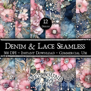 Papeles digitales sin costuras de denim y encaje efímero, uso comercial, descarga instantánea, imágenes prediseñadas de flores, patrón sin costuras, imágenes prediseñadas Shabby Chic