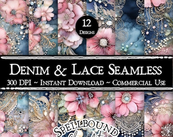 Denim and Lace Ephemera Seamless Digital Papers, Commercial Use, Instant Download, Flower Clipart, Seamless Pattern, Shabby Chic Clipart