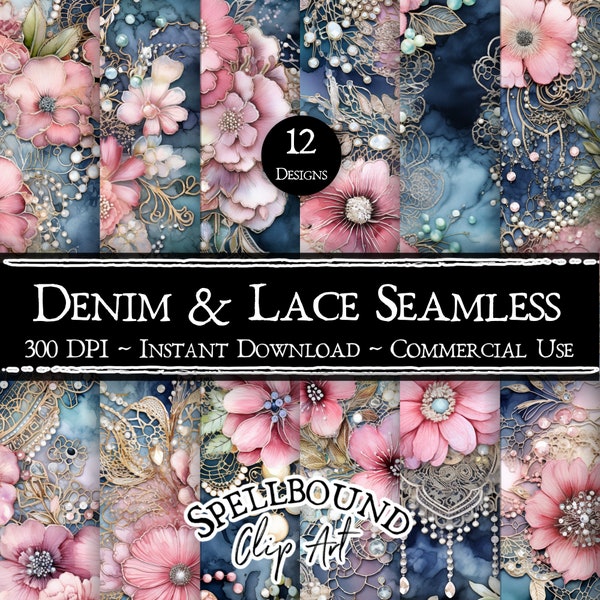 Denim and Lace Ephemera Seamless Digital Papers, Commercial Use, Instant Download, Flower Clipart, Seamless Pattern, Shabby Chic Clipart