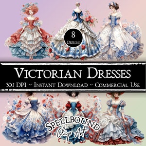 Victorian Dresses Digital Clipart, Commercial Use, Instant Download, PNG, Victorian Clothing, Rococo, Baroque, Dress Clipart