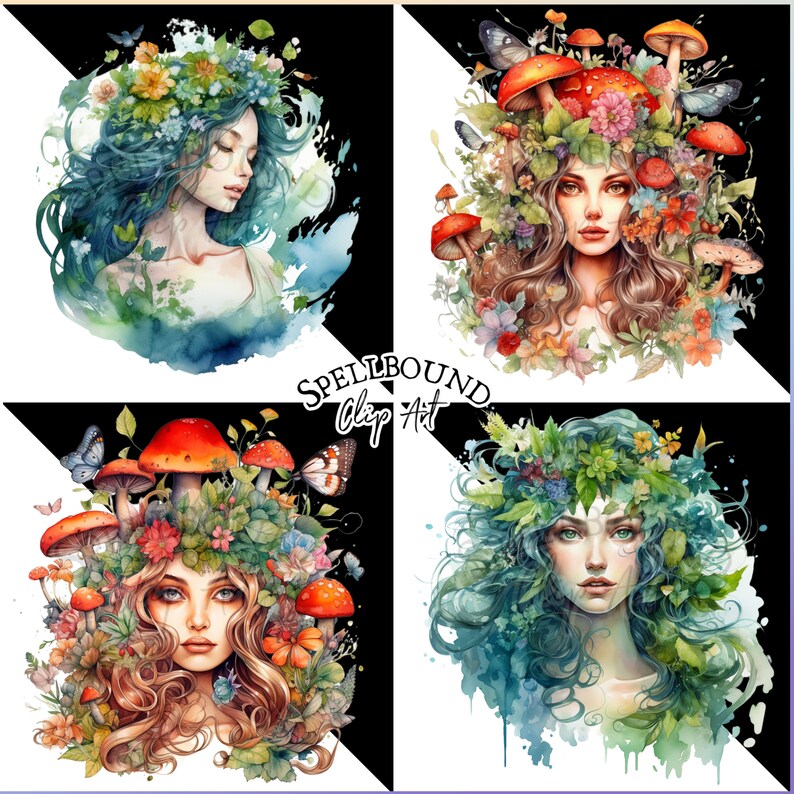May include: Four digital illustrations of women with floral crowns and mushrooms. Each woman has long flowing hair and is surrounded by flowers and greenery. The background is a black and white chequered pattern.