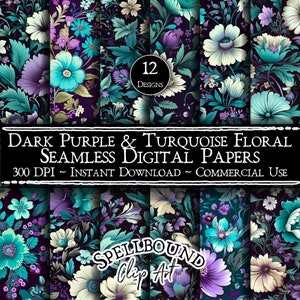 Dunkellila und Türkis florale nahtlose digitale Papiere, kommerzielle Nutzung, sofortiger Download, Vintage Clipart, viktorianisch, Rokoko floral, blaugrün