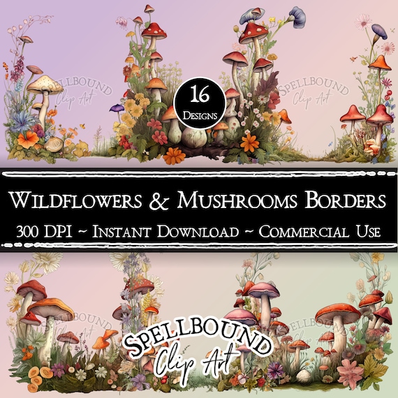Wildflowers & Mushrooms Borders Digital Clipart, Commercial Use, Instant Download, Mushroom Clip Art, PNG, Nature Clipart, Border