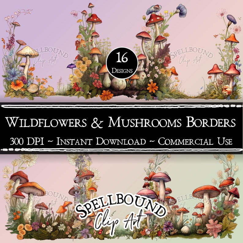 Puede incluir: Una ilustraci&oacute;n digital de 16 dise&ntilde;os de bordes de flores silvestres y hongos. Los bordes est&aacute;n en un estilo caprichoso con un fondo rosa y verde suave. El texto "SPELLBOUND Clip Art" est&aacute; en la parte inferior central de la imagen.