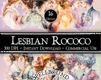 May include: Digital art featuring watercolor illustrations of couples in Rococo-era attire. The image includes the text "LESBIAN ROCOCO" and "16 Designs". The artwork is labeled as "300 DPI ~ INSTANT DOWNLOAD ~ COMMERCIAL USE" and includes the "SPELLBOUND Clip Art" logo.
