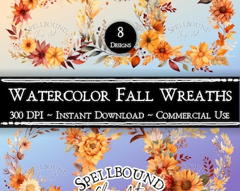 Watercolor Fall Wreath Digital Clipart, Commercial Use, Instant Download, Fall Clipart, Autumn Clip Art, Fall Flowers, PNG