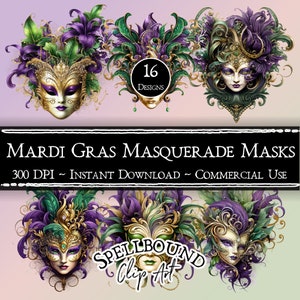 Mardi Gras mascarade masques Clipart numérique, usage commercial, téléchargement immédiat, mascarade Clip Art, PNG, Clipart NOLA, clipart La Nouvelle-Orléans