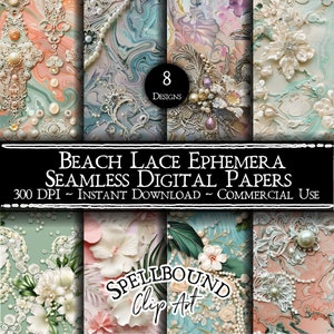 Strand Spitze Ephemera nahtlose digitale Papiere, kommerzielle Nutzung, sofortiger Download, Blumen Clipart, Vintage Shabby Chic, Strandhochzeiten
