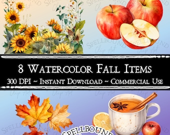 Watercolor Fall Assortment Digital Clipart, Commercial Use, Instant Download, Fall Clipart, Autumn Clip Art
