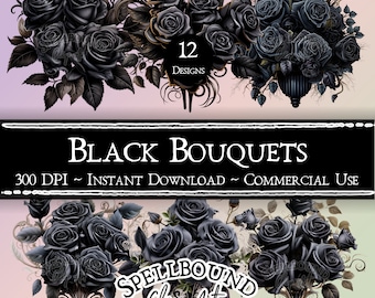 Black Flower Bouquets Digital Clipart, Commercial Use, Instant Download, Goth Flowers, PNG, Roses, Goth Clipart, Valentine's Day