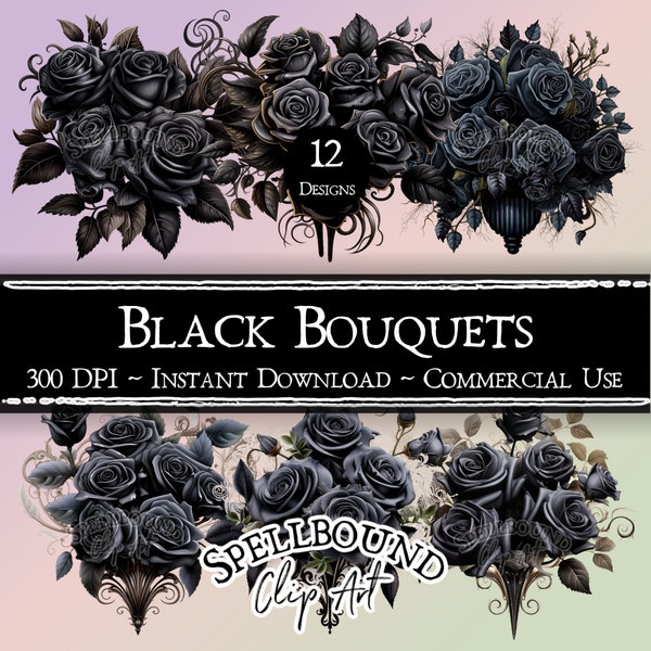 Black Flower Bouquets Digital Clipart, Commercial Use, Instant Download, Goth Flowers, PNG, Roses, Goth Clipart, Valentine's Day
