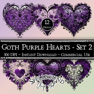 Goth Purple Hearts Digital Clipart, Uso comercial, Descarga instantánea, Filagree Clip Art, PNG, Love Clipart, Gothic Valentine's Day Clipart