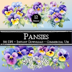 Pansies Flower Digital Clipart, Commercial Use, Instant Download, Flower Bouquet Clip Art, PNG, Pansy Clipart