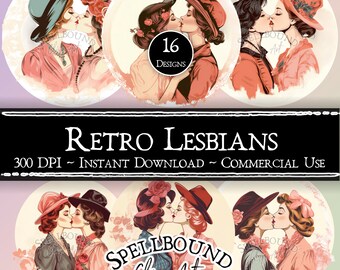 May include: Digital clip art set featuring vintage-style illustrations of women kissing, in various outfits and hats. The text "Retro Lesbians" and "Spellbound Clip Art" are displayed. Includes 16 designs, instant download, and commercial use.