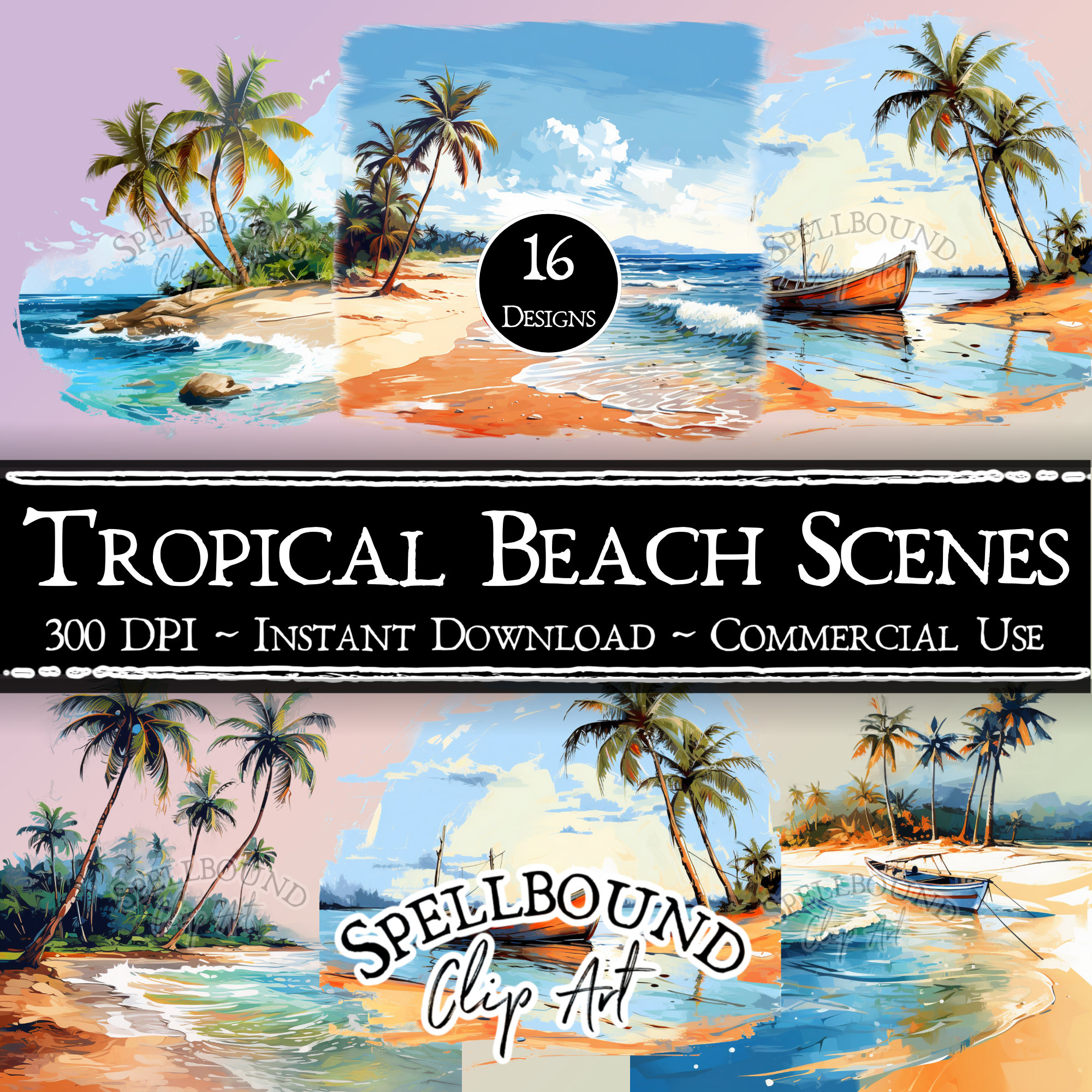 Beach Scene Graphics Tropical Beach Scenes Digital Clipart, Commercial Use, Instant Download ...