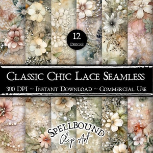 Classic Chic Lace Ephemera Seamless Digital Papers, Commercial Use, Instant Download, Flower Clipart, Lace Seamless Pattern