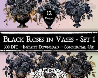 Black Roses in Vases Digital Clipart, Commercial Use, Instant Download, Goth Flowers, PNG, Flower Bouquets, Goth Clipart, Valentine's Day