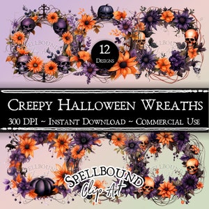 Creepy Goth Halloween Wreath Digital Clipart, Commercial Use, Instant Download, Flower Wreath Clipart