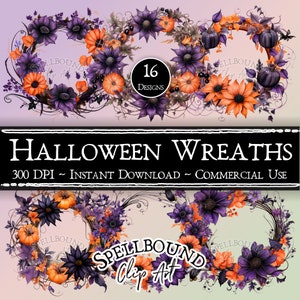 Floral Halloween Wreath Digital Clipart, Commercial Use, Instant Download, Flower Wreath Clipart, Halloween Clipart, PNG