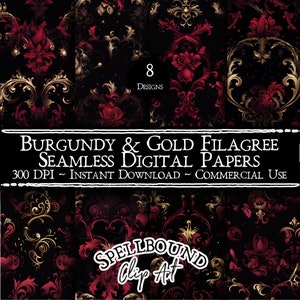 Documenti digitali senza giunte in filigrana bordeaux e oro, uso commerciale, download istantaneo, clipart cuore, San Valentino, clipart gotico
