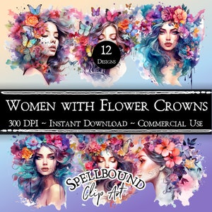 Women with Flowers Digital Clipart, Commercial Use, Instant Download, Mother Earth Clipart, Goddess Clip Art, PNG