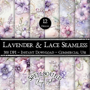 Peut inclure: Douze motifs de papier numérique avec un motif sans couture de fleurs de lavande et de dentelle blanche. Les motifs sont en 300 DPI et sont disponibles en téléchargement instantané et à usage commercial. Le texte "LAVENDER & LACE SEAMLESS" et "SPELLBOUND Clip Art" est inclus dans le motif.