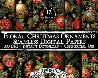 Floral Christmas Ornaments Seamless Digital Papers, Commercial Use, Instant Download, Vintage Christmas Clipart, Rococo, Christmas Ornaments