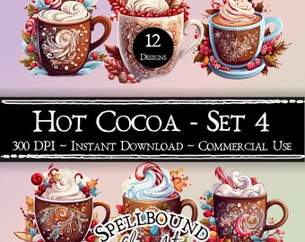 Hot Cocoa Digital Clipart, Commercial Use, Instant Download, Christmas Clip Art, Hot Chocolate, Holiday Clipart, PNG, Mug of Hot Cocoa