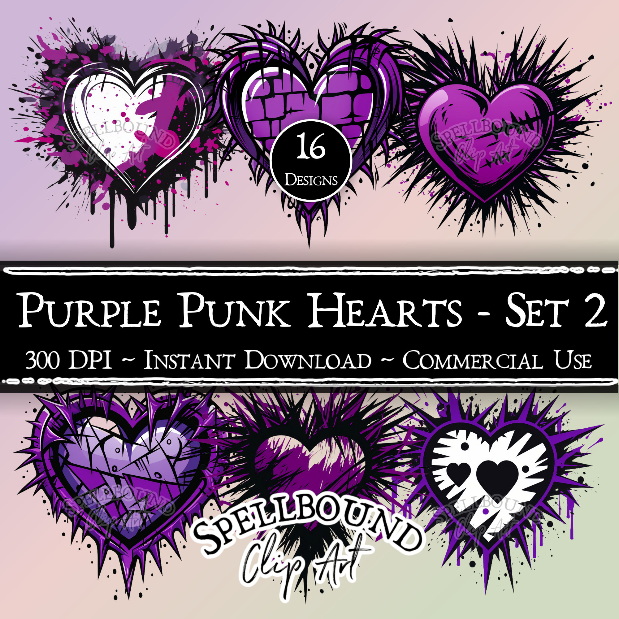 Purple Punk Hearts Digital Clipart, Commercial Use, Instant