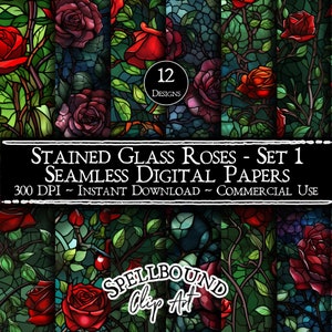 Stained Glass Roses Seamless Digital Papers, Commercial Use, Instant Download, Mosaic Clipart, Rose Clipart